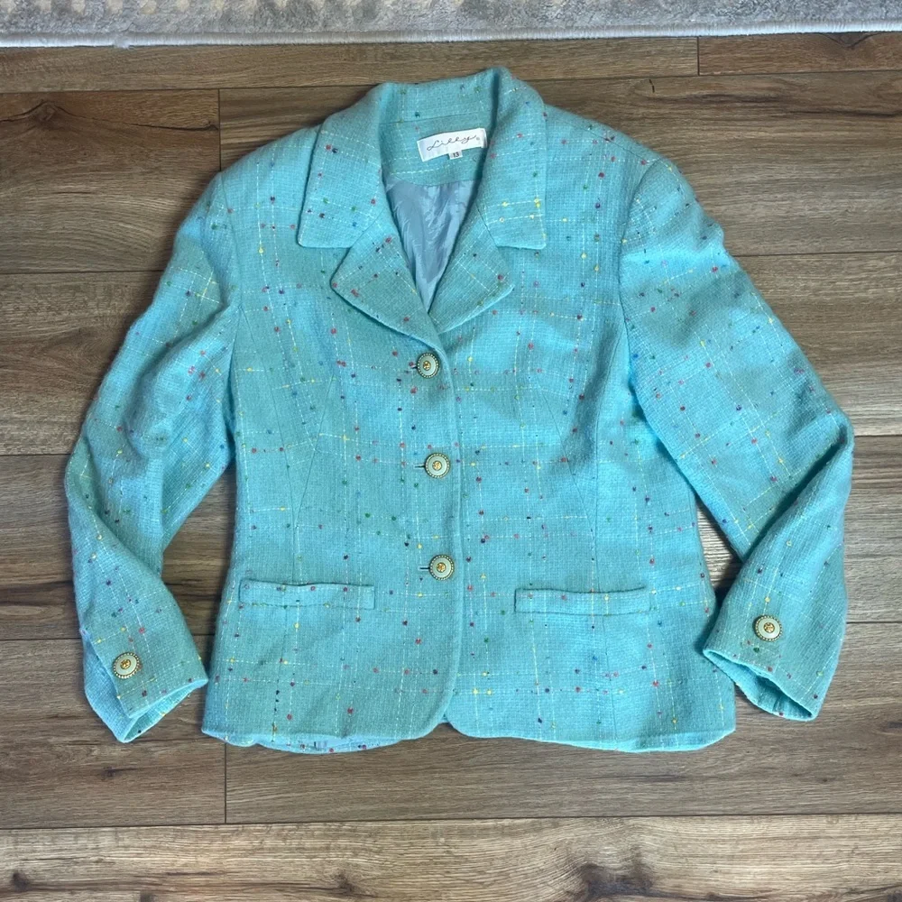 vintage Lilly Pulitzer blazer light-blue turquoise wool jacket, fleck pattern - Picture 2 of 13